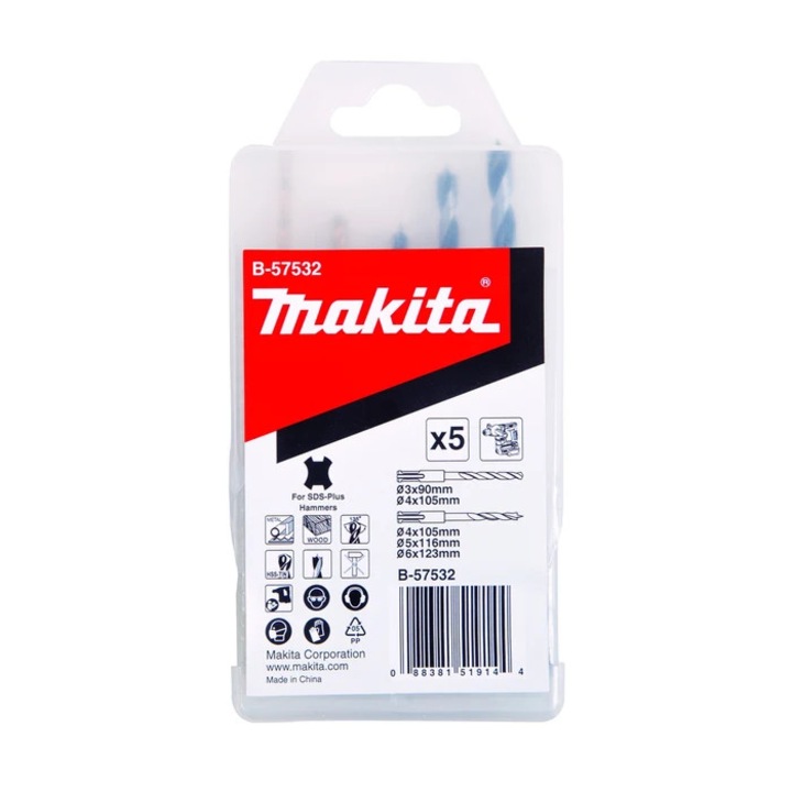 Burghie pentru metal / lemn, SDS-Plus, Makita B-57532, set 5 bucati