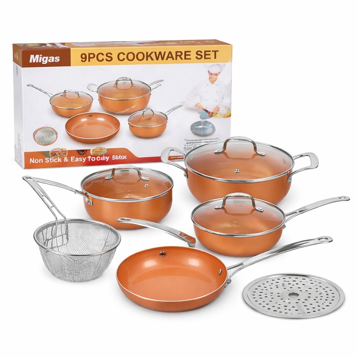 Set oale si tigai SoSar® 9 piese din aluminiu cu invelis ceramic antiaderent pentru toate plitele cu accesorii de gatit