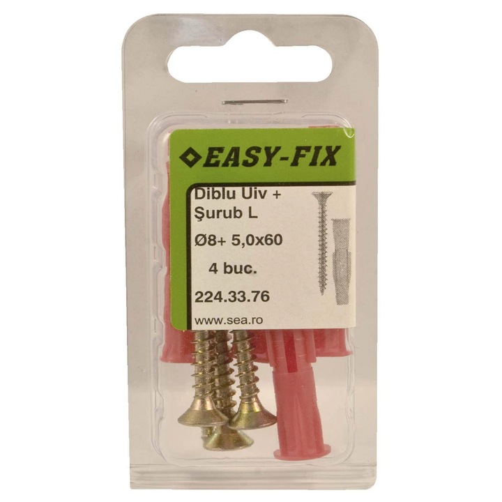 Diblu universal din nylon, 8 x 50 mm, cu surub, 5 x 60 mm, set 4 bucati