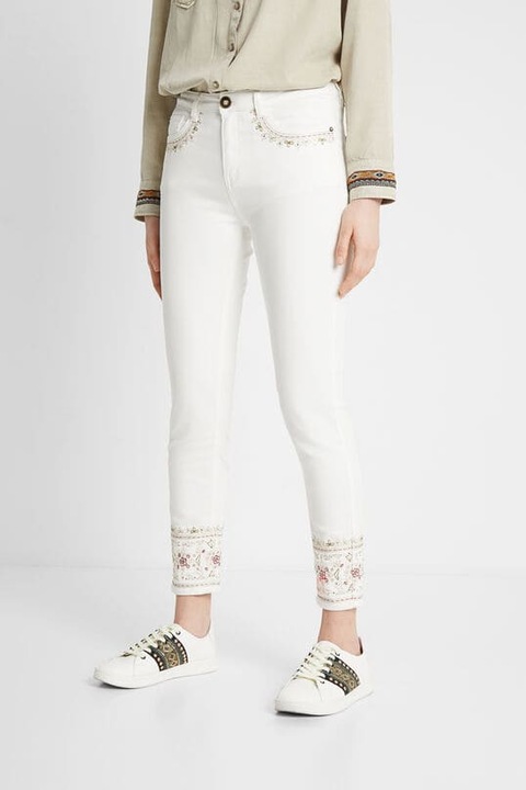 Blugi dama DESIGUAL, alb India cu aplicații din paiete, Alb, 24