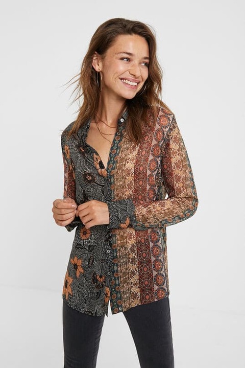 DESIGUAL, Virágos és absztrakt bohém mintás ing, Fekete/Barna, XS