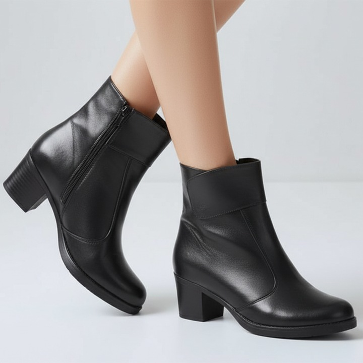 Botine dama elegante din piele naturala vatuite cu toc masiv, Negru