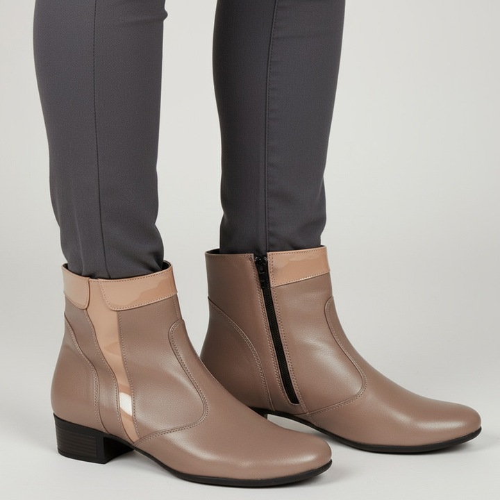 Botine dama scurte din piele naturala, Culoare bej, Bej inchis