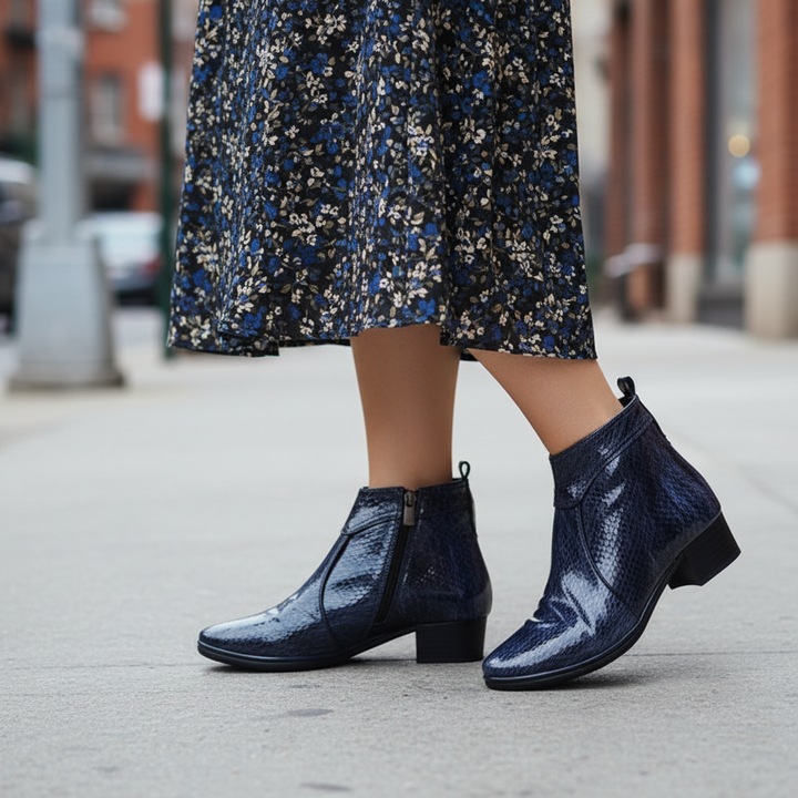 Botine dama Dogati scurte din piele naturala lac croco, Bleumarin