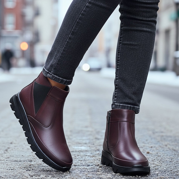 Ghete dama SCV cu doua fermoare din piele naturala, Visiniu