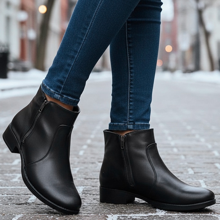 Botine dama din piele naturala, Culoare negru, Toc 3 cm, Stil casual, Negru