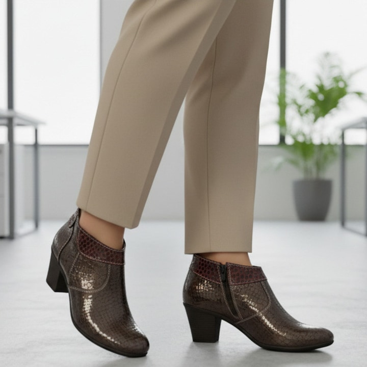 Botine dama scurte din piele naturala Dona, Maro lacuit