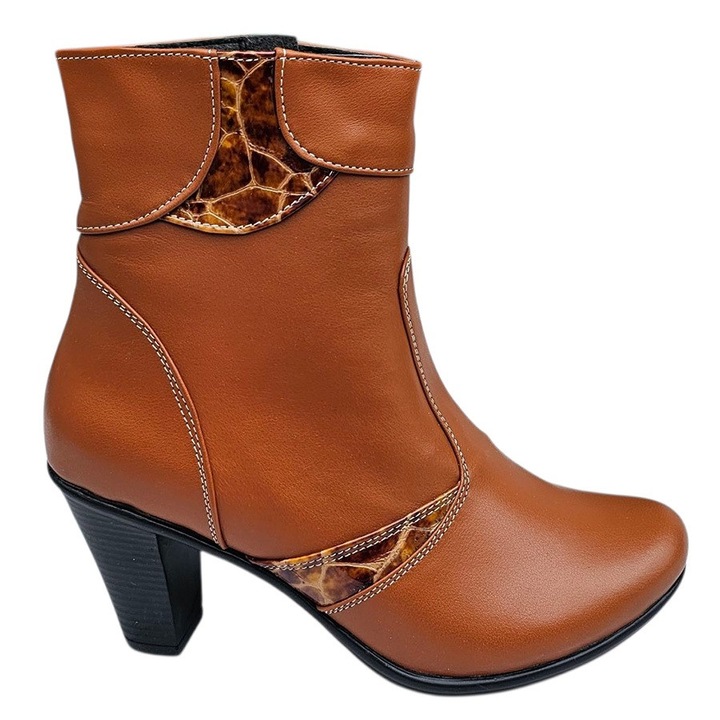 Botine inalte dama elegante cu toc conic din piele naturala, Maro cognac