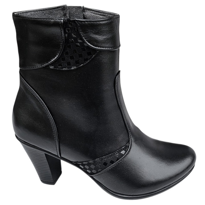 Botine inalte dama elegante cu toc conic din piele naturala, Negru