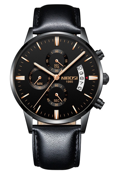 Ceas barbatesc, NIBOSI, Elegant, Cronograf, Quartz, Curea din piele maro