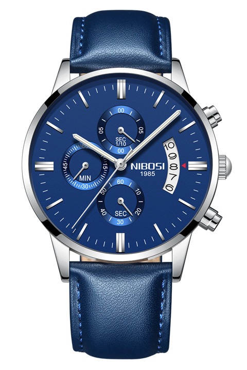Мъжки часовник, NIBOSI, Елегантен, Хронограф, Кварцов, Кафява кожена каишка