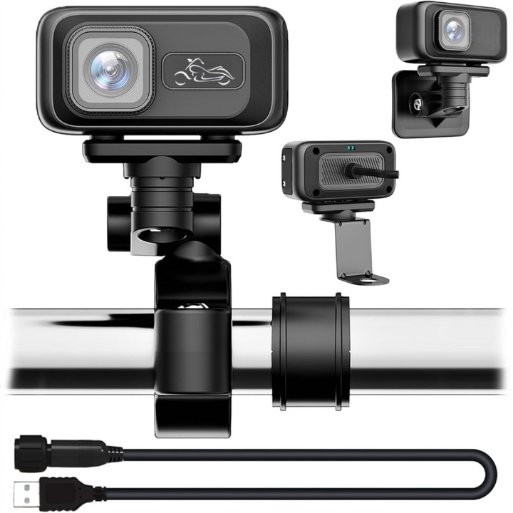 Видеокамера за Мотоциклет и Велосипед 2K LONDEMM, Широк ъгъл 140°, Wi-Fi за Телефон, G-сензор, 3 Включени Държача, USB Захранване и Комплект за Свързване към Електрическата Система, IP65, Ултра-лека 50G, Универсален Монтаж, Включена 32GB Карта, Черна