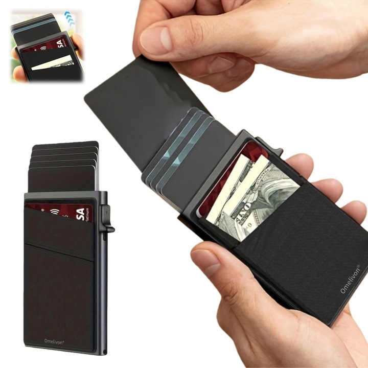 Portofel Card cu Extragere Automata, Omelivon® RFID Aluminiu Portofel Business Minimalist, Portofel Barbati Zi de Zi, Negru