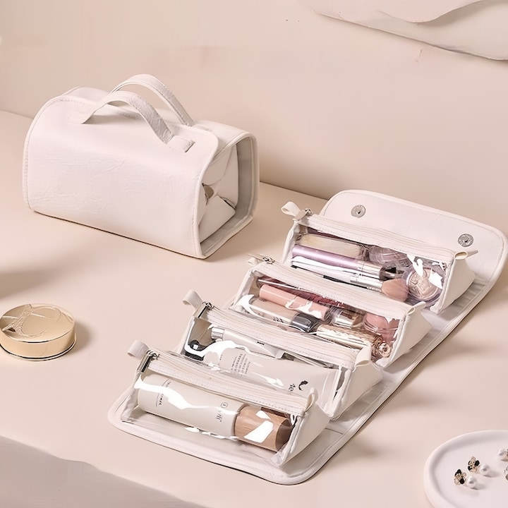 Trusa Machiaj 4 in 1 Pliabila si Detasabila, Organizer de pentru Calatorii cu Compartimente Transparente, Cazeta Portabila din PU Cosmetice, Alb, 24x14x12cm