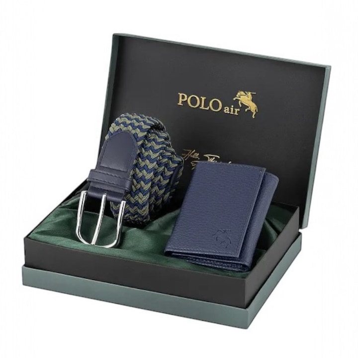 Set pentru barbati, portofel, curea tricotata, Albastru marin