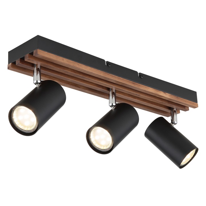 Plafoniera Spotlight negru mat metal, lemn maro inchis, negru mat metal, pivotant, LxLxA: 410x80x125mm, AL: 125mm, excl. 3x GU10 25W 230V