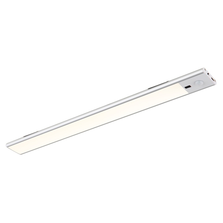 Lampa de dulap aluminiu argintiu mat, USB-A 2.0/USB-C, senzor, 2 suporturi cu banda 3M pentru montare, cu magnet pentru montare pe metal, poate fi variat prin miscarea mainii, 400x40x10mm, incl. LED 2.5W 230V, 280lm sursa, 200lm iesire, 4000K