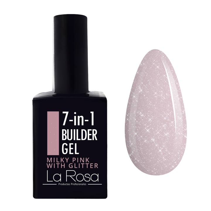 Gel de constructie autonivelanta pentru unghii 7in1 La Rosa Profesionales, milky pink with glitter 15 ml