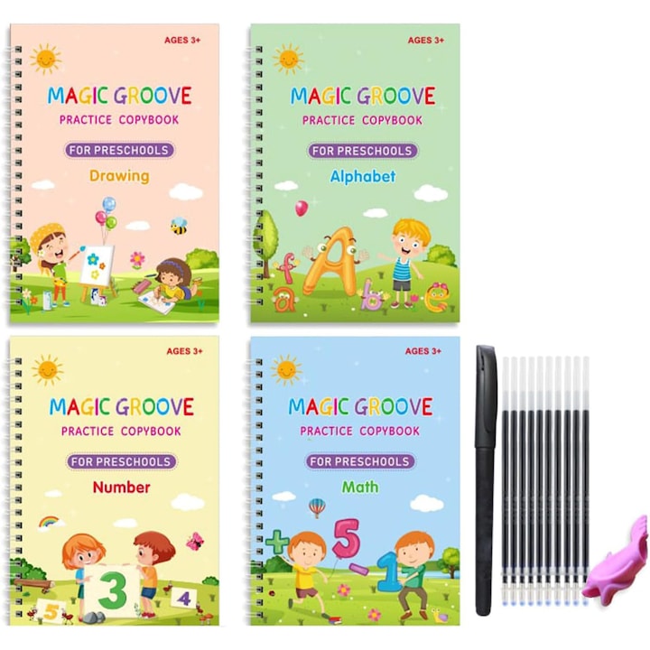 Set manuale reutilizabile cu 4 caiete de lucru tip MAGIC GROOVE, rechizite scolare cu alfabet, numere, matematica, pictura si desen, multicolor, 19 cm X 13 cm, 10 rezerve