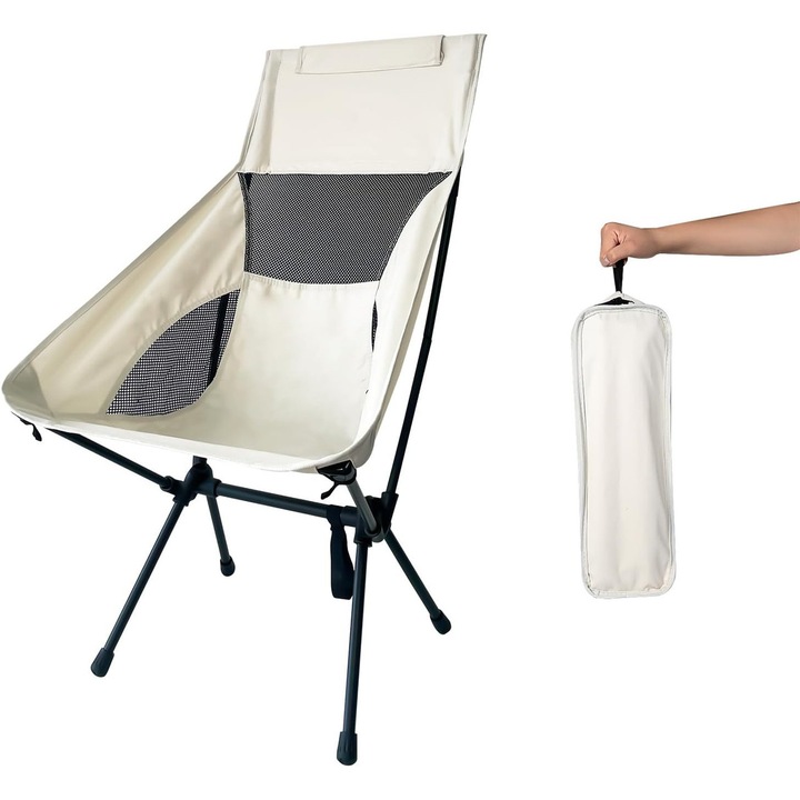 Camping Scaun Pliabil, YSBER®, Spatar Inalt, Usor si Portabil, capacitate 150kg, cu Geanta de Transport, Oxford 600D, Tub de metal - pentru Drumetii, Pescuit, Picnic si Calatorii, Bej