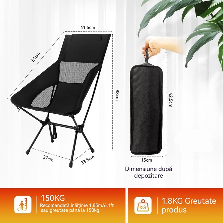 Camping Scaun Pliabil, YSBER®, Spatar Inalt, Usor si Portabil, capacitate 150kg, cu Geanta de Transport, Oxford 600D, Tub de metal - pentru Drumetii, Pescuit, Picnic si Calatorii, Negru
