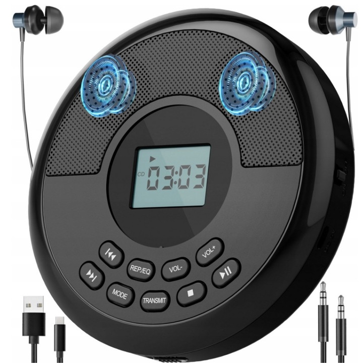 CD Player Portabil cu Bluetooth, Difuzoare Stereo, Culoare Alb, Reincarcabil