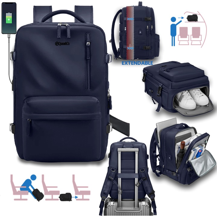 Rucsac Quasar & Co.®, bagaj de mana avion, multifunctional, extensibil, impermeabil, compartiment pantofi, compartiment laptop, sistem agatare pe troler, rucsac calatorie/voiaj pretabil drumetii/scoala, cu USB, textil, 43x30x20-28 cm bleumarin