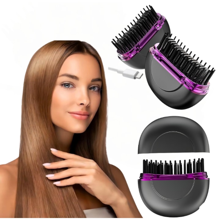 Perie Electrica MARCINO pentru Indreptat Parul, 3 Niveluri de Temperatura, Baterie 1500mAh, Ultra Portabil, Functie Incalzire Rapida PCT 30 Secunde, Dinti Ceramici, Fara Fir, Negru