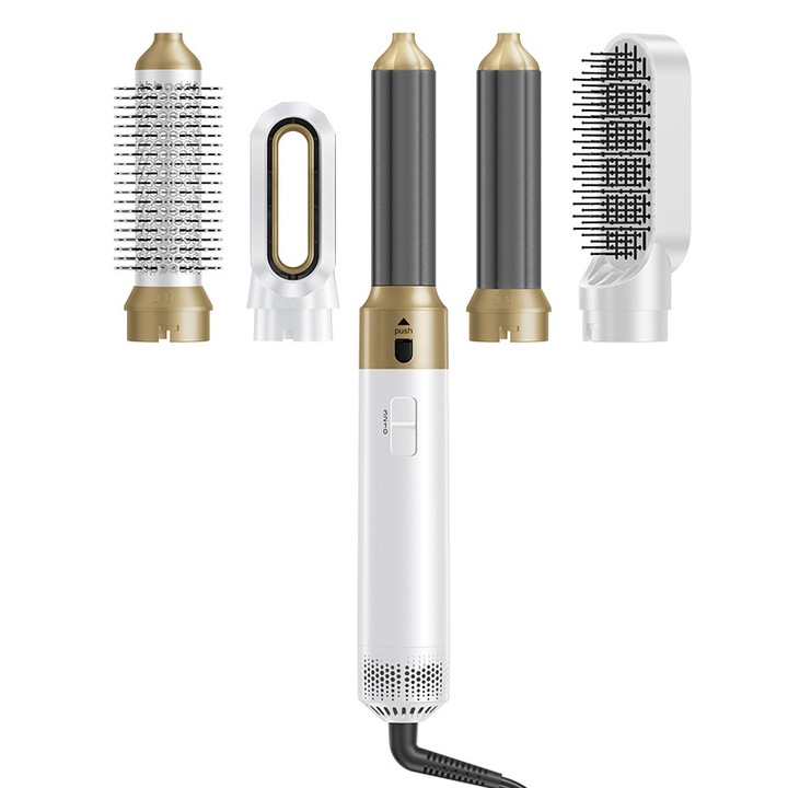 Elektromos hajkefe, hajszárító, többfunkciós 5 az 1-ben, BOMSTOM, 1000W teljesítmény, 5 tartozék, 3 hőmérsékletfokozat, termosztatikus hajápolás, gyöngyházfehér