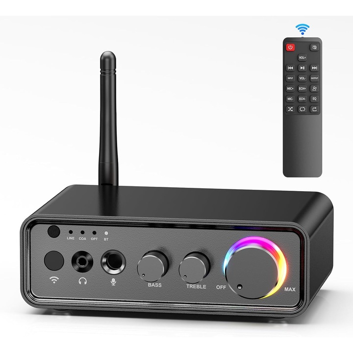 Bluetooth усилвател със стерео приемник, мини Bluetooth 5.3 усилвател, 2 канала, HiFi усилвател клас D 100W x2, с RCA/оптичен/коаксиален/микрофонен вход и контрол на басите и високите честоти за външни домашни високоговорители, WALALLA