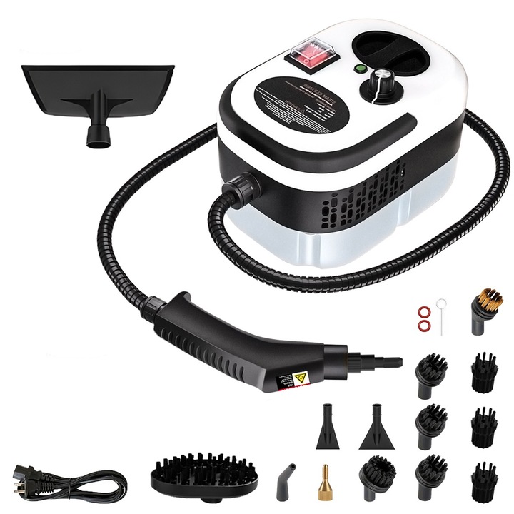 Aparat de Curatat cu Abur Teno®, incalzire in 10 secunde, 6 setari de reglaj, maner anti-oparire, 14 accesorii, 2500W, 3 Bar, capacitate 1200 ml, alb