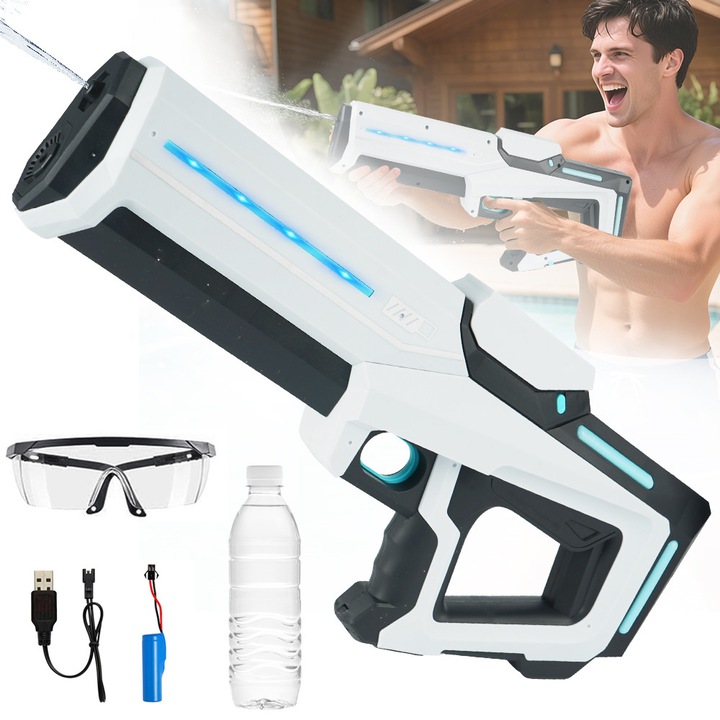 Pistol cu apa electric, Bedee, pistoale automate cu jet de apa cu capacitate mare, aspiratie automata, lumini LED, multicolor, joc de tragere in aer liber de vara, jucarie de apa pentru piscina, set cu accesorii