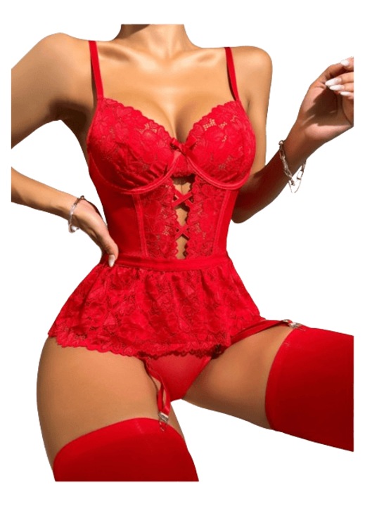 Loventa 3 részes csipke fehérnemű szett, piros, S/M méret