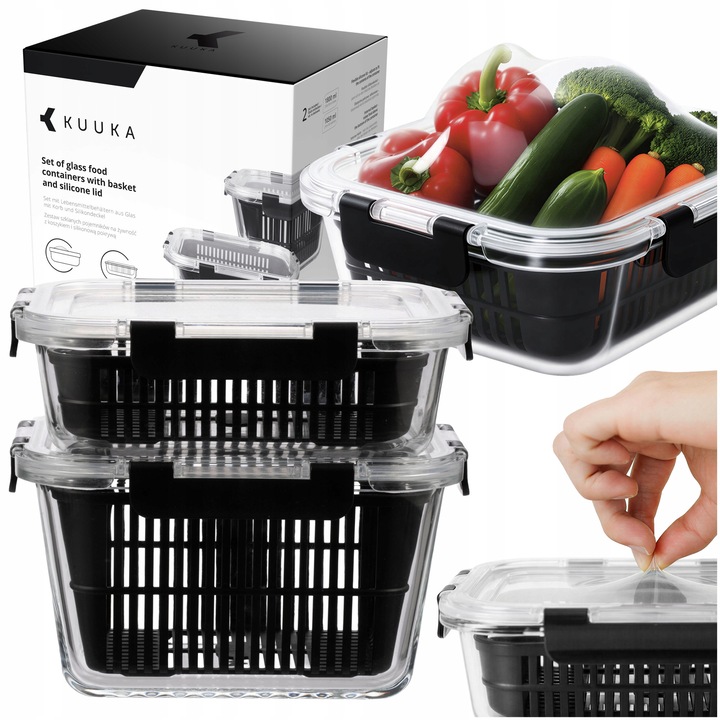 Set 2 Recipiente alimentare din sticla met capac flexibil silicon, 1050ml 1800ml, cuti pranz met cos, lunchbox, KUUKA