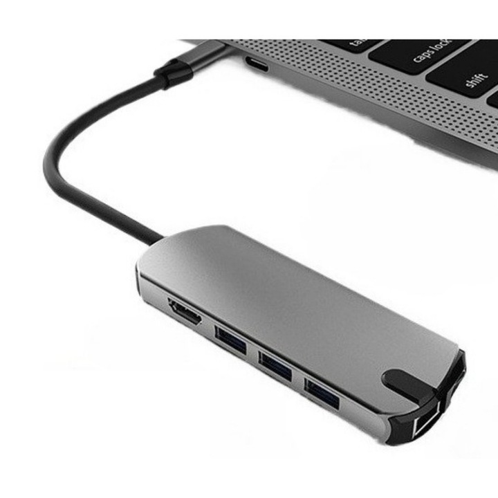 Adaptor Hub USB C 3.0 Multifunctional 8 in 1 Pentru HDMI 4K, Ethernet RJ45 Gigabit, Cititor Card SD TF, 3 x USB 3.0, Incarcare Rapida si Transfer Ultra Viteza pentru Laptop, Tableta, Gri