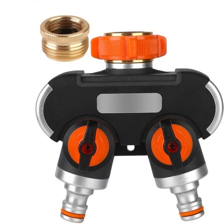 Distribuitor robinet cu 2 cai,3/4" aliaj de aluminiu Aliaj, ABS TPR Robinet cu bila pentru gradina, Splitter 2 iesiri pentru furtun gradina usor de instalat robinete independente rotativ 360° reutilizabil