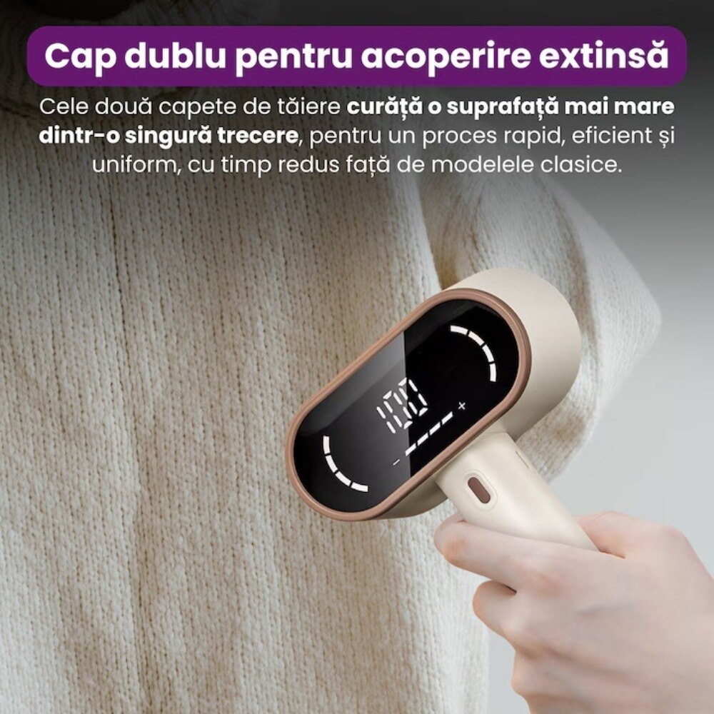 Aparat Electric Profesional pentru Indepartarea Scamelor, Afisaj LED, Portabil,2 Nivele de Intensitate, Lame din Otel Inoxidabil cu 6 Taisuri, Functie de Aspirare, Reincarcabil USB, Ideal pentru Haine, Mobilier si Textile, Afisaj digital inteligent