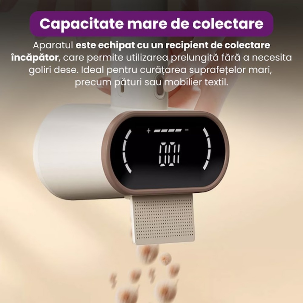 Aparat Electric Profesional pentru Indepartarea Scamelor, Afisaj LED, Portabil,2 Nivele de Intensitate, Lame din Otel Inoxidabil cu 6 Taisuri, Functie de Aspirare, Reincarcabil USB, Ideal pentru Haine, Mobilier si Textile, Afisaj digital inteligent