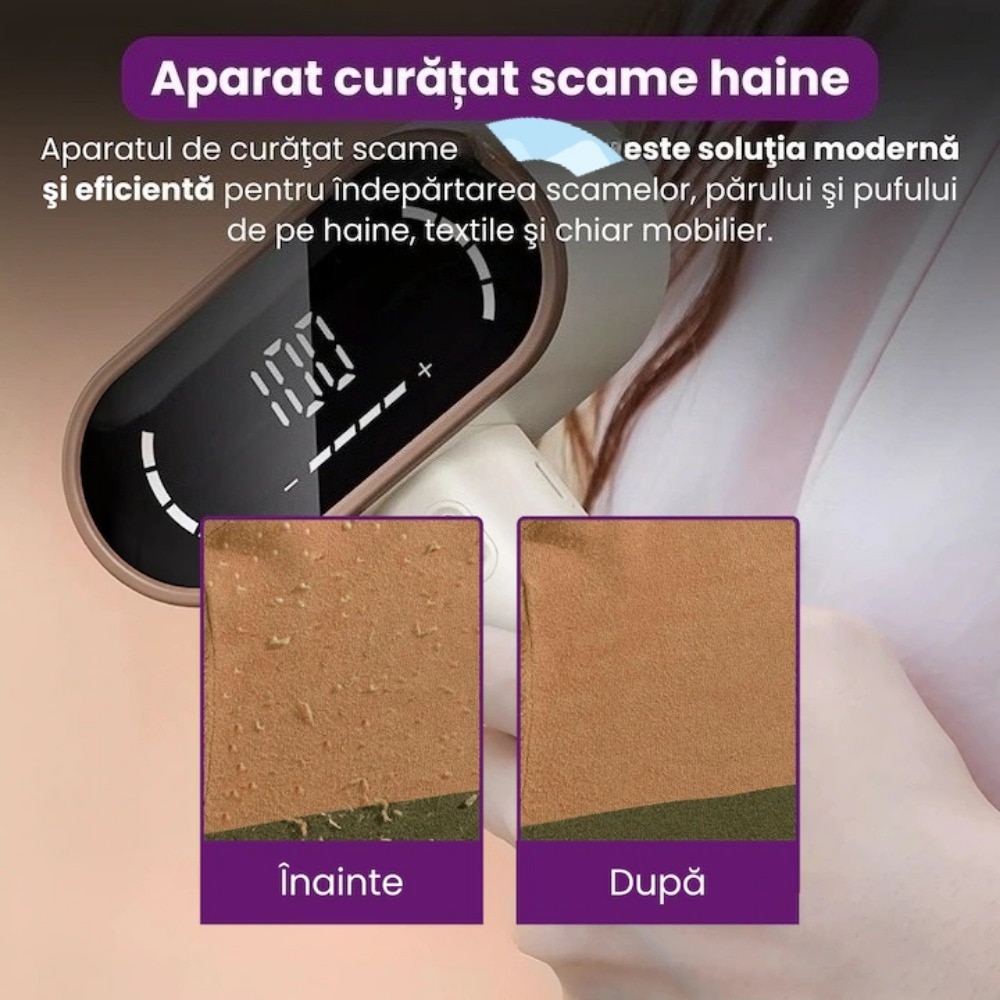 Aparat Electric Profesional pentru Indepartarea Scamelor, Afisaj LED, Portabil,2 Nivele de Intensitate, Lame din Otel Inoxidabil cu 6 Taisuri, Functie de Aspirare, Reincarcabil USB, Ideal pentru Haine, Mobilier si Textile, Afisaj digital inteligent