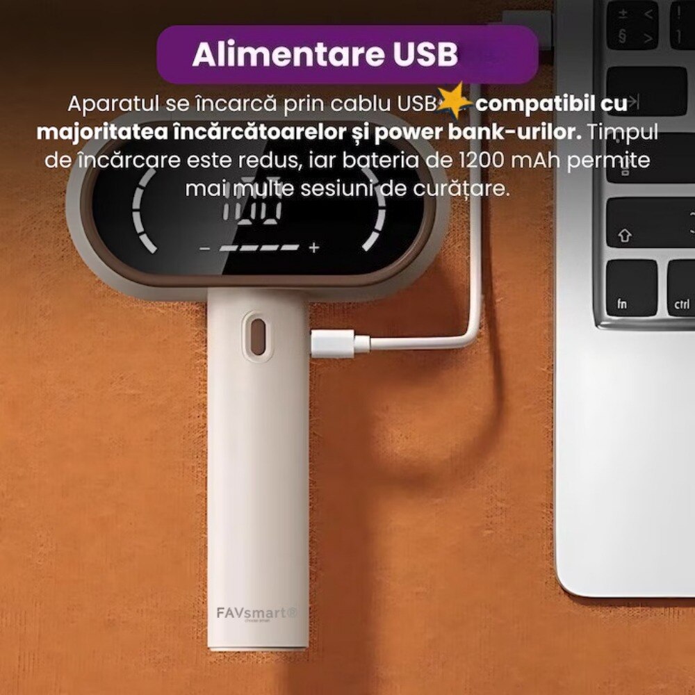 Aparat Electric Profesional pentru Indepartarea Scamelor, Afisaj LED, Portabil,2 Nivele de Intensitate, Lame din Otel Inoxidabil cu 6 Taisuri, Functie de Aspirare, Reincarcabil USB, Ideal pentru Haine, Mobilier si Textile, Afisaj digital inteligent
