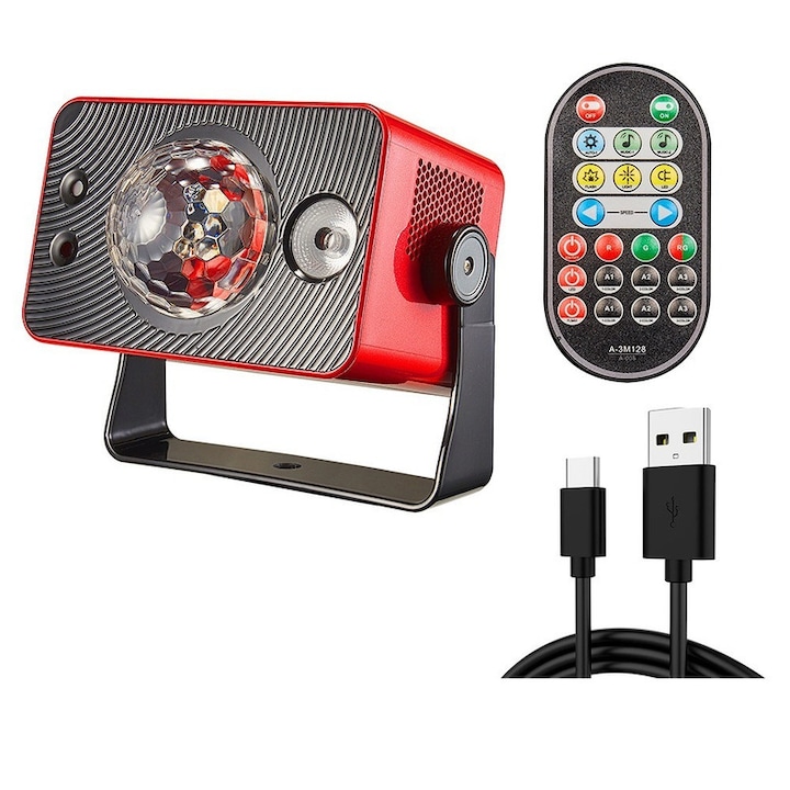 Proiector lumini disco 3-in-1 cu efecte laser si discoball LED multicolor, moduri automat/stroboscop/sincronizat cu muzica/LED static, ajustare 360°, instalare pe tavan, perete, masa sau suport, telecomanda inclusa, portabil si reincarcabil USB