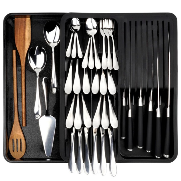 Organizator Tacamuri Vilde pentru sertar, Extensibil 40-45 x 31 cm, 10 compartimente, Plastic, compartiment pentru cutite, culoare Negru