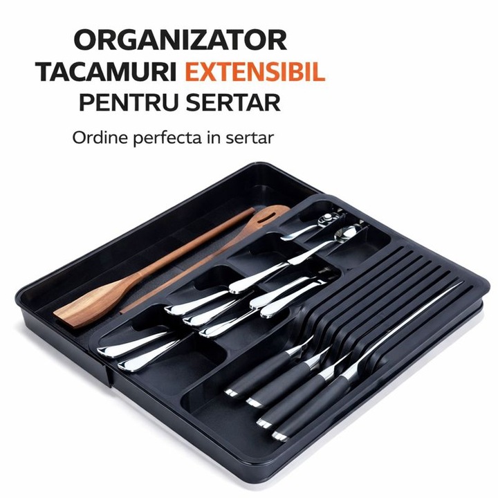 Vilde bővíthető evőeszköztartó fiókba, műanyag, 40-45x31 cm, fekete