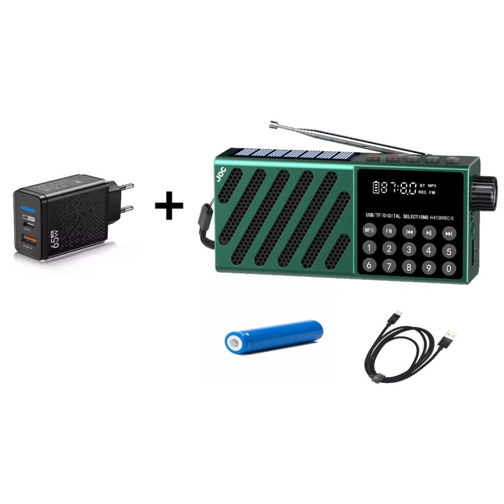 JOC-6138REC-S zöld multifunkciós hordozható napelemes töltőrádió + töltő 65W + akkumulátor + C típusú kábel