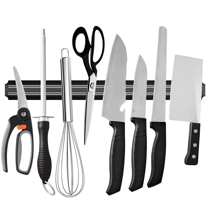 Suport Magnetic Bucatarie SoSar® 50 cm pentru Cutite si Accesorii Metalice Montaj pe Perete Inox Argintiu