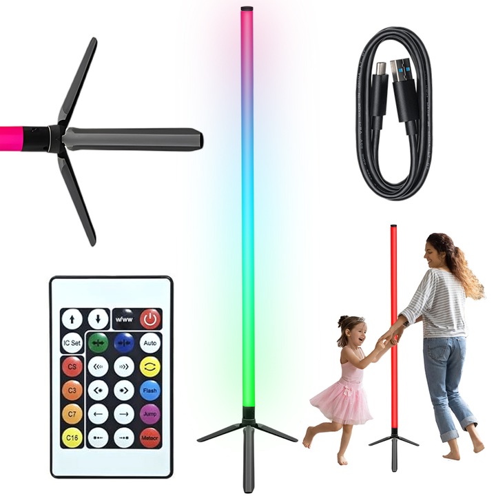 Lampa de podea LED RGB, lampa de podea LED marca Juksun, cu 16 culori de lumina reglabile si moduri multiple de intermitere, telecomanda pentru dormitor, living, birou, 120 cm, negru