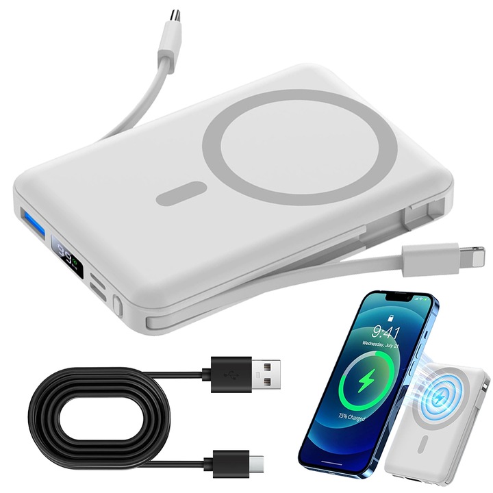 Магнитна безжична външна батерия, 10000mAh, за iPhone 12/13/14/15 Plus/Mini/Pro/Pro Max и др., с LED дисплей и светлина, вграден кабел, бяла