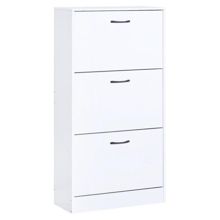 Pantofar DacEnergy©, fabricat din PAL, 3 compartimente de depozitare basculabile, manere din plastic, sertar impartit in 2 parti, 60 x 24 x 116 cm, nuanta alb