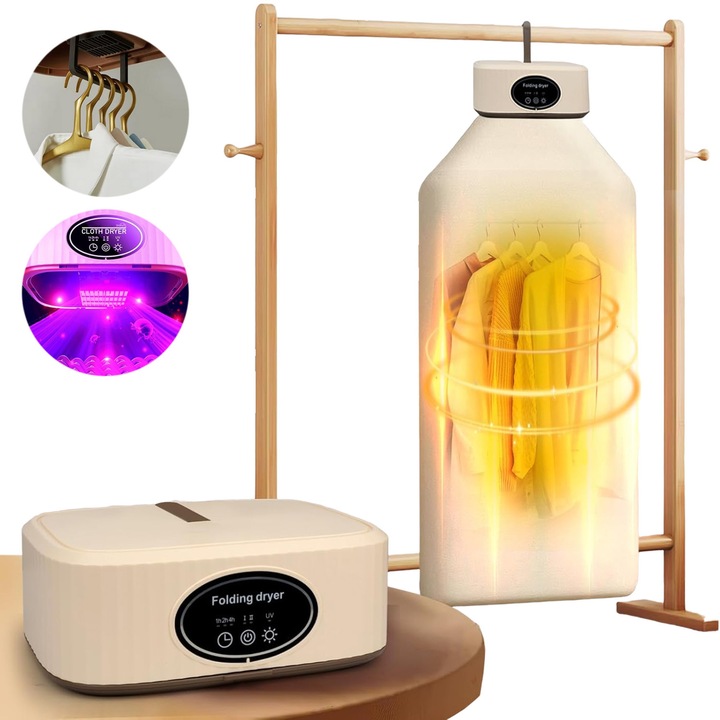 Сушилня за дрехи, Сгъваема, преносима, тиха, 360° цикъл на сушене с 3 нива на таймер, 2 регулируеми скорости, сушилня с горещ въздух с кондензатор, UV стерилизация и премахване на акари