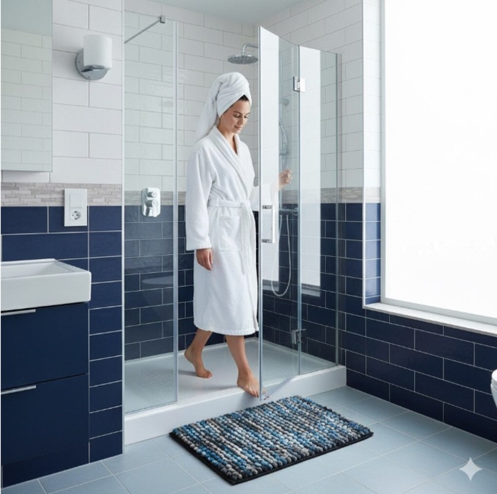 Килимче за баня Brezium 80x50см Микрофибър 60% Памук 40% Противоплъзгащо Модел Точки Релефно Може да се пере Сиво Синьо Бежово